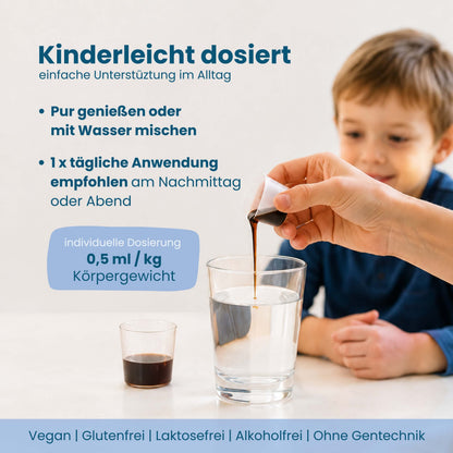 Dosierung von Chilly Milly nach Körpergewicht, 0,5 ml pro kg, Kind beim Eingießen in ein Glas