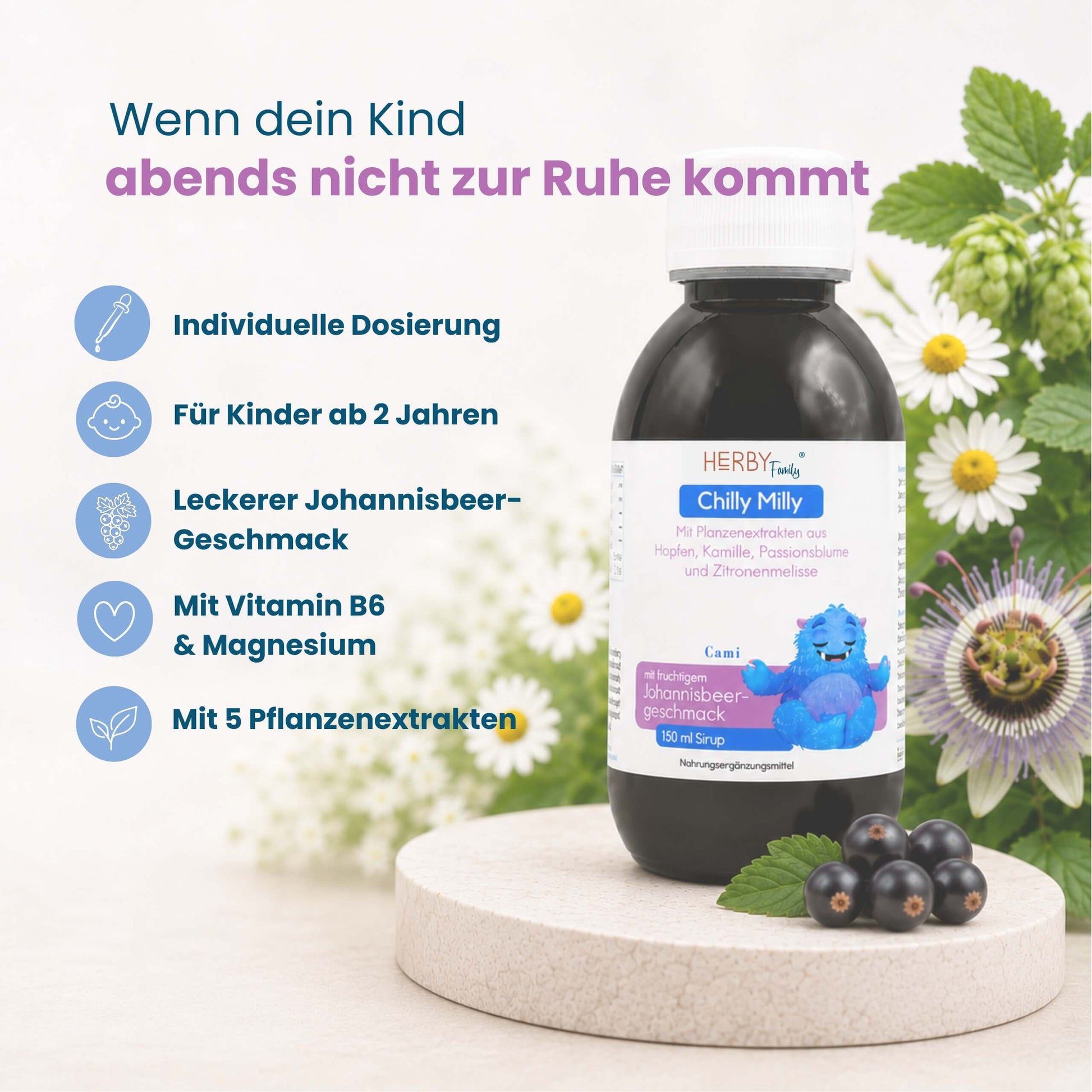 Chilly Milly Sirup mit Hopfen, Kamille, Passionsblume und Zitronenmelisse, für Kinder ab 2 Jahren