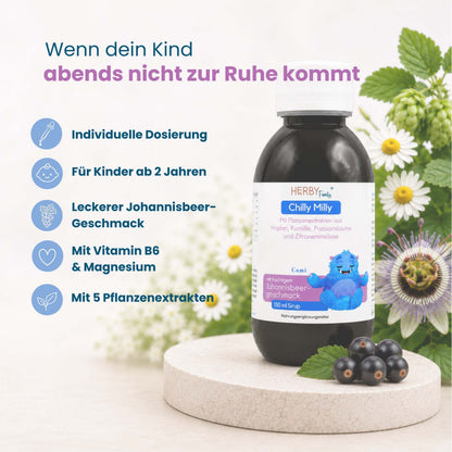 Chilly Milly Sirup mit Hopfen, Kamille, Passionsblume und Zitronenmelisse, für Kinder ab 2 Jahren