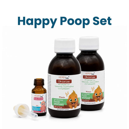 HERBY Family Happy Poop Set für Kinder: zwei Flaschen Oh-Là-Lax Sirup mit Fruchtgeschmack (je 150 ml) und BabyBiotik Tropfen mit Pipette