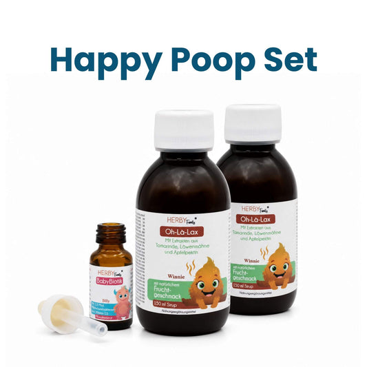 HERBY Family Happy Poop Set für Kinder: zwei Flaschen Oh-Là-Lax Sirup mit Fruchtgeschmack (je 150 ml) und BabyBiotik Tropfen mit Pipette