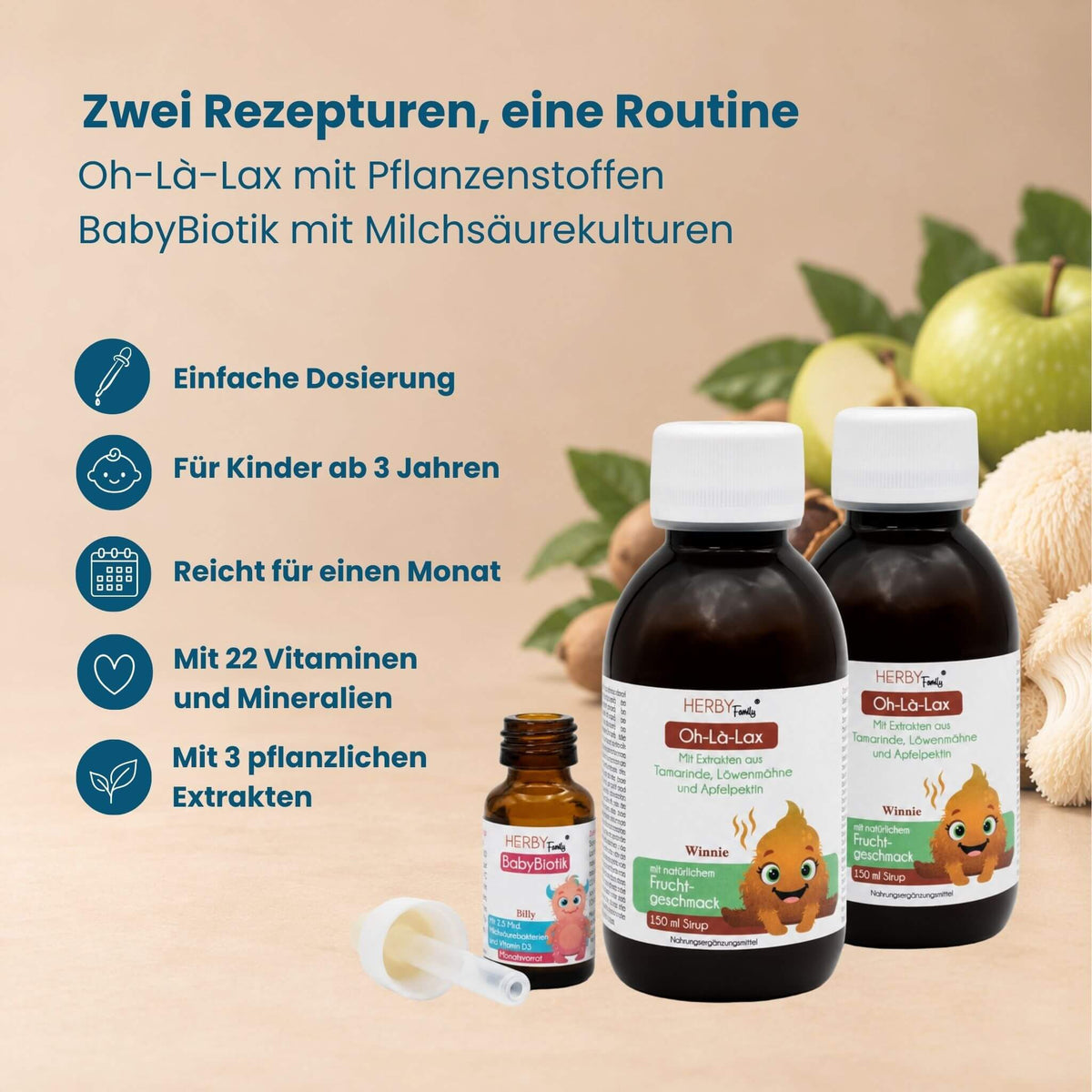 Happy Poop Set von HERBY Family: Oh-Là-Lax mit Tamarinde, Löwenmähne und Apfelpektin, BabyBiotik mit Milchsäurekulturen und Vitamin D3, Monatsvorrat für Kinder ab 3 Jahren