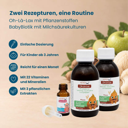 Happy Poop Set von HERBY Family: Oh-Là-Lax mit Tamarinde, Löwenmähne und Apfelpektin, BabyBiotik mit Milchsäurekulturen und Vitamin D3, Monatsvorrat für Kinder ab 3 Jahren