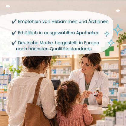 Apothekerin zeigt Mutter und Tochter BabyBiotik Tropfen von HERBY Family, erhältlich in ausgewählten Apotheken, deutsche Marke, hergestellt in Europa