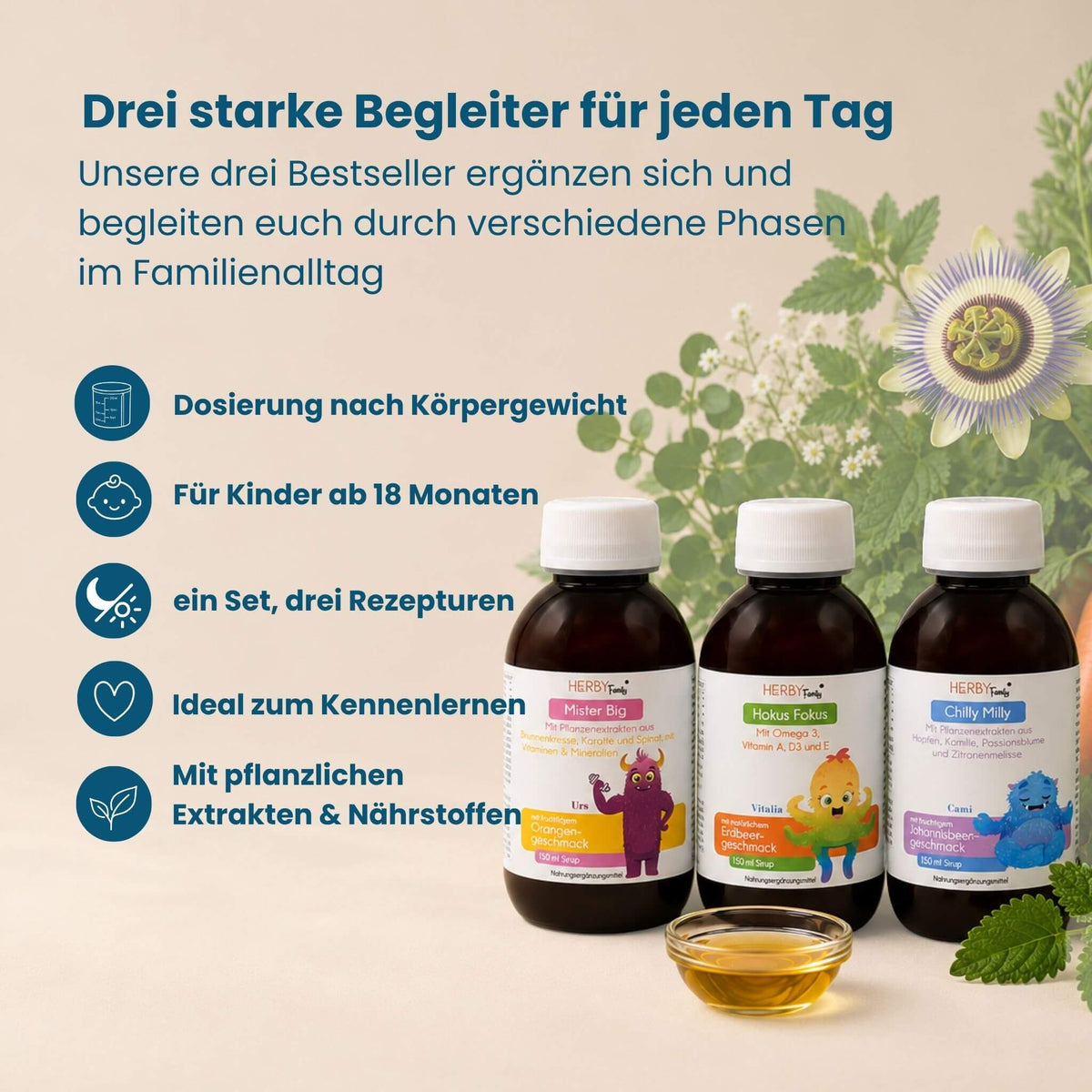 HERBY Family Starter Set vor Passionsblume und Kräutern: Kindersirupe mit Pflanzenextrakten, Dosierung nach Körpergewicht, geeignet für Kinder ab 18 Monaten