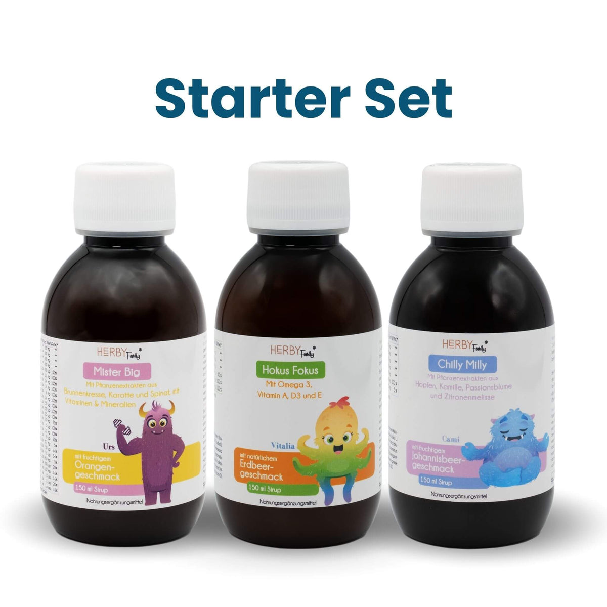HERBY Family Starter Set: drei Kindersirupe à 150 ml, Mister Big mit Orangengeschmack, Hokus Fokus mit Erdbeergeschmack und Chilly Milly mit Johannisbeergeschmack