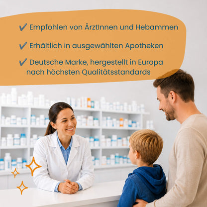 Apothekerin berät Vater und Kind, Hokus Fokus erhältlich in ausgewählten Apotheken