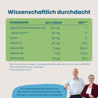 Nährwerttabelle Hokus Fokus Gummies mit Algenöl, DHA, Cholin, Vitamin C, B3, B6 und B12 pro 2 Stück