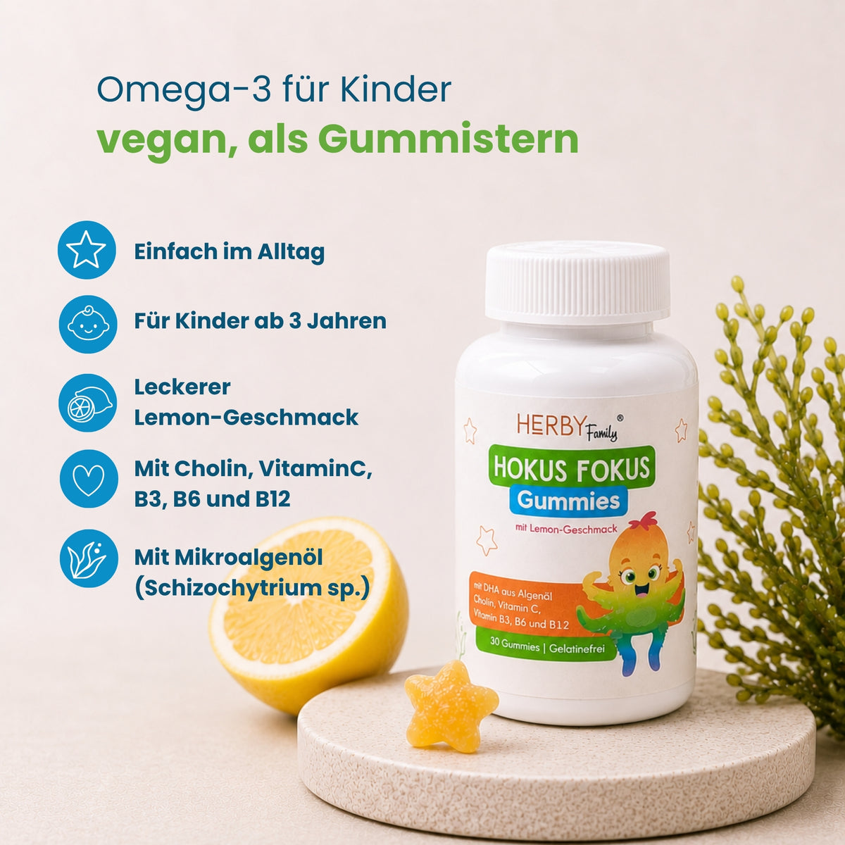 Hokus Fokus Gummies mit Lemon-Geschmack, vegan aus Mikroalgenöl, für Kinder ab 3 Jahren