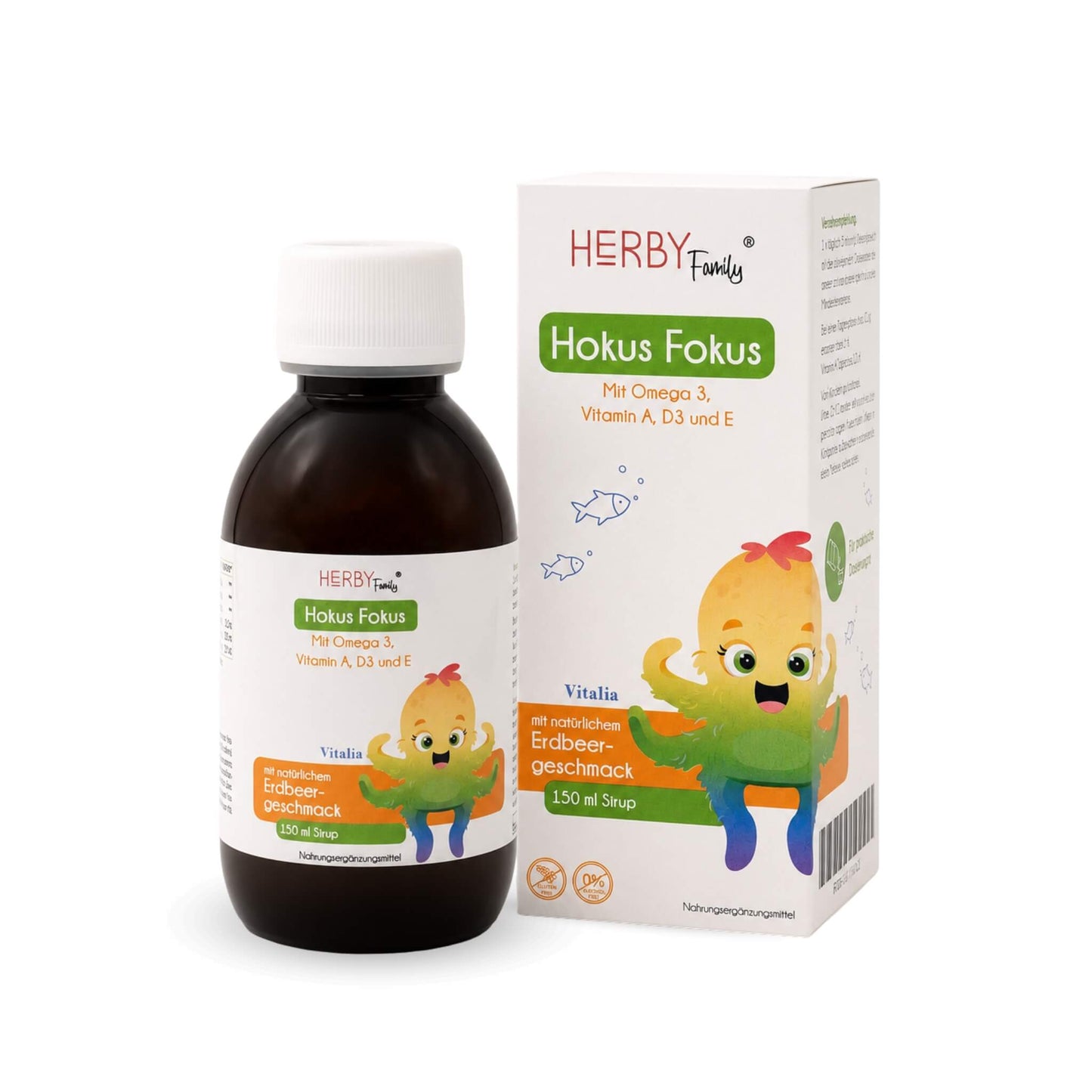 Hokus Fokus Omega-3 Kindersaft von Herby Family, 150 ml Flasche und Verpackung, Erdbeergeschmack