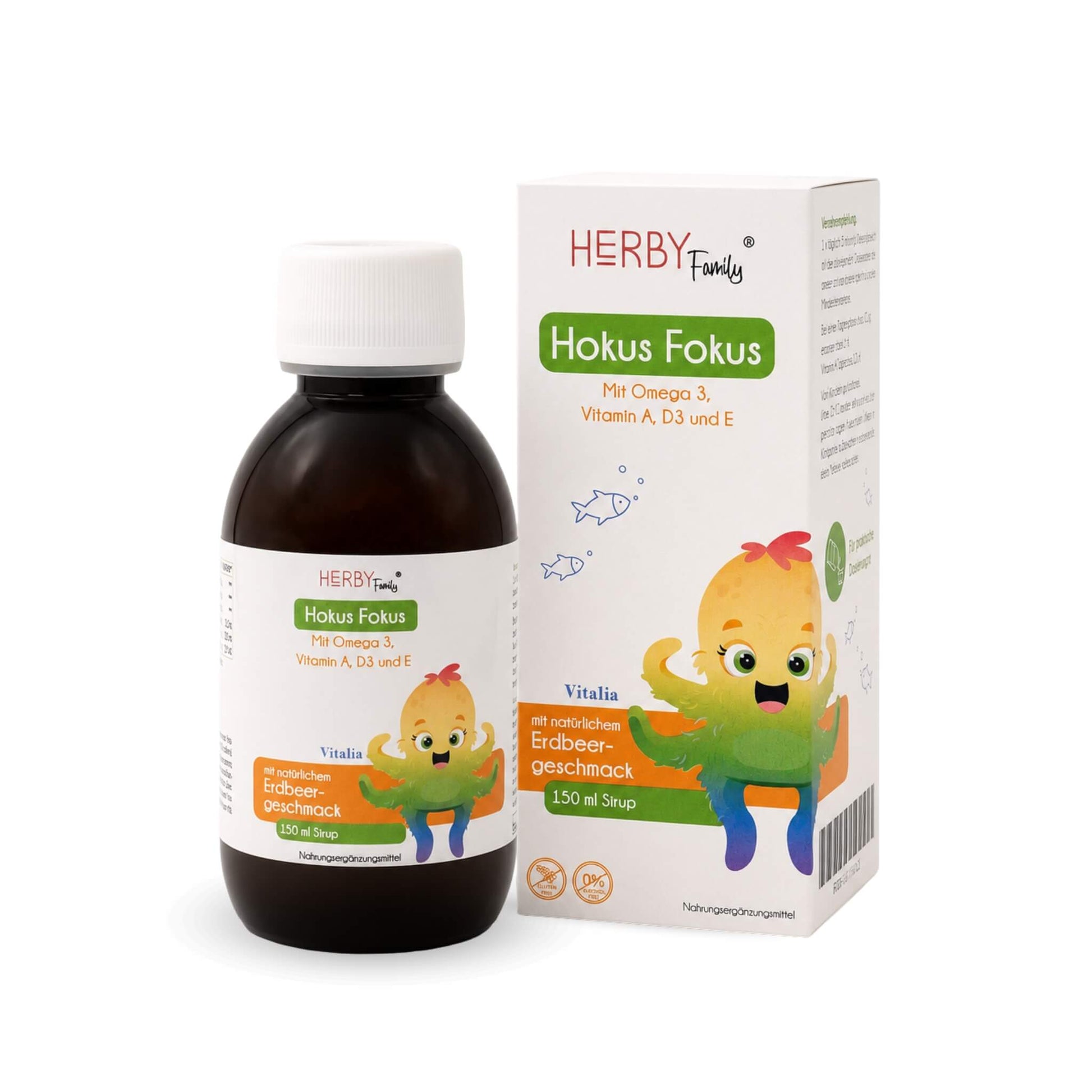 Hokus Fokus Omega-3 Kindersaft von Herby Family, 150 ml Flasche und Verpackung, Erdbeergeschmack