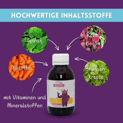 Mister Big enthält Inhaltsstoffe aus Gemüse, wie Spinat, Karotten, Rote Beete und Brunnenkresse. Dazu alle wichtigen Vitamine und Mineralien