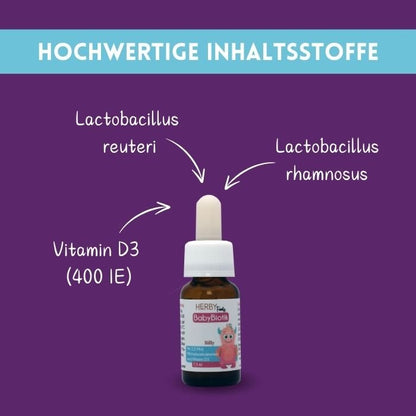 BabyBiotik Tropfen enthalten 400 Einheiten Vitamin D3 und die michsäurekulturen L.reuteri und L.rhamnosus