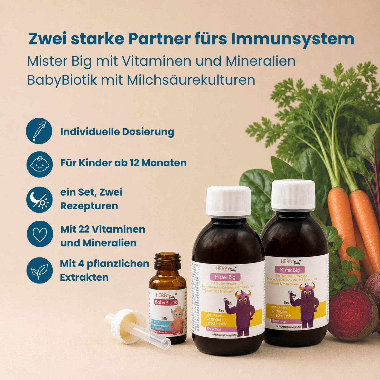 Immun Kur Set mit Mister Big Vitaminen und Mineralien sowie BabyBiotik Milchsäurekulturen