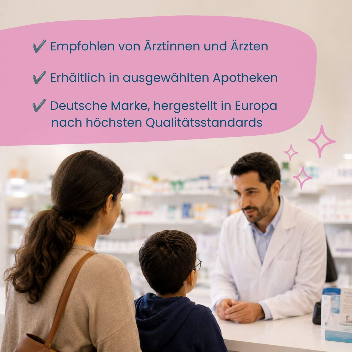 Apotheker berät Mutter und Kind zu Mister Big, empfohlen von Ärztinnen und Ärzten