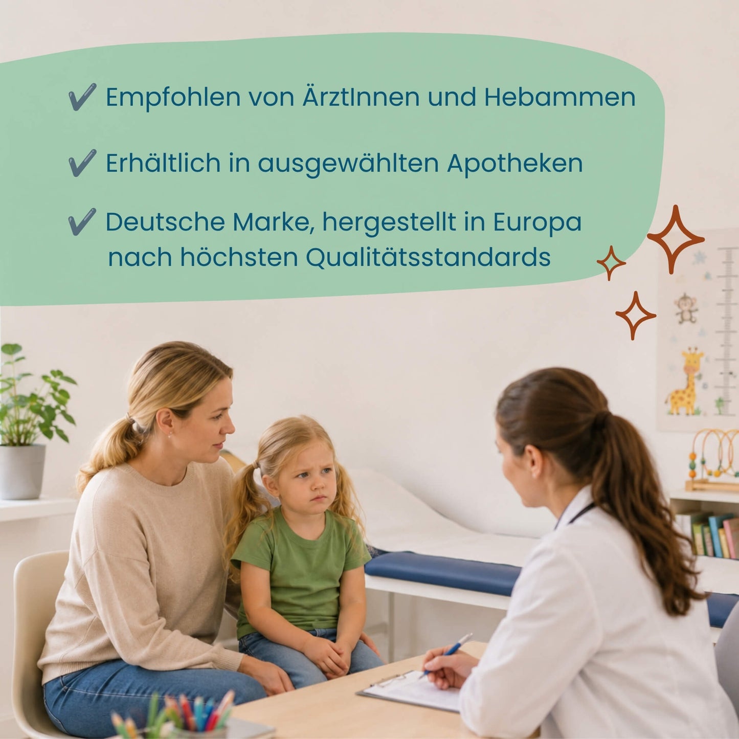Mutter und Kind im Gespräch mit einer Ärztin, Oh-La-Lax empfohlen von ÄrztInnen und Hebammen