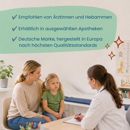 Mutter und Kind im Gespräch mit einer Ärztin, Oh-La-Lax empfohlen von ÄrztInnen und Hebammen