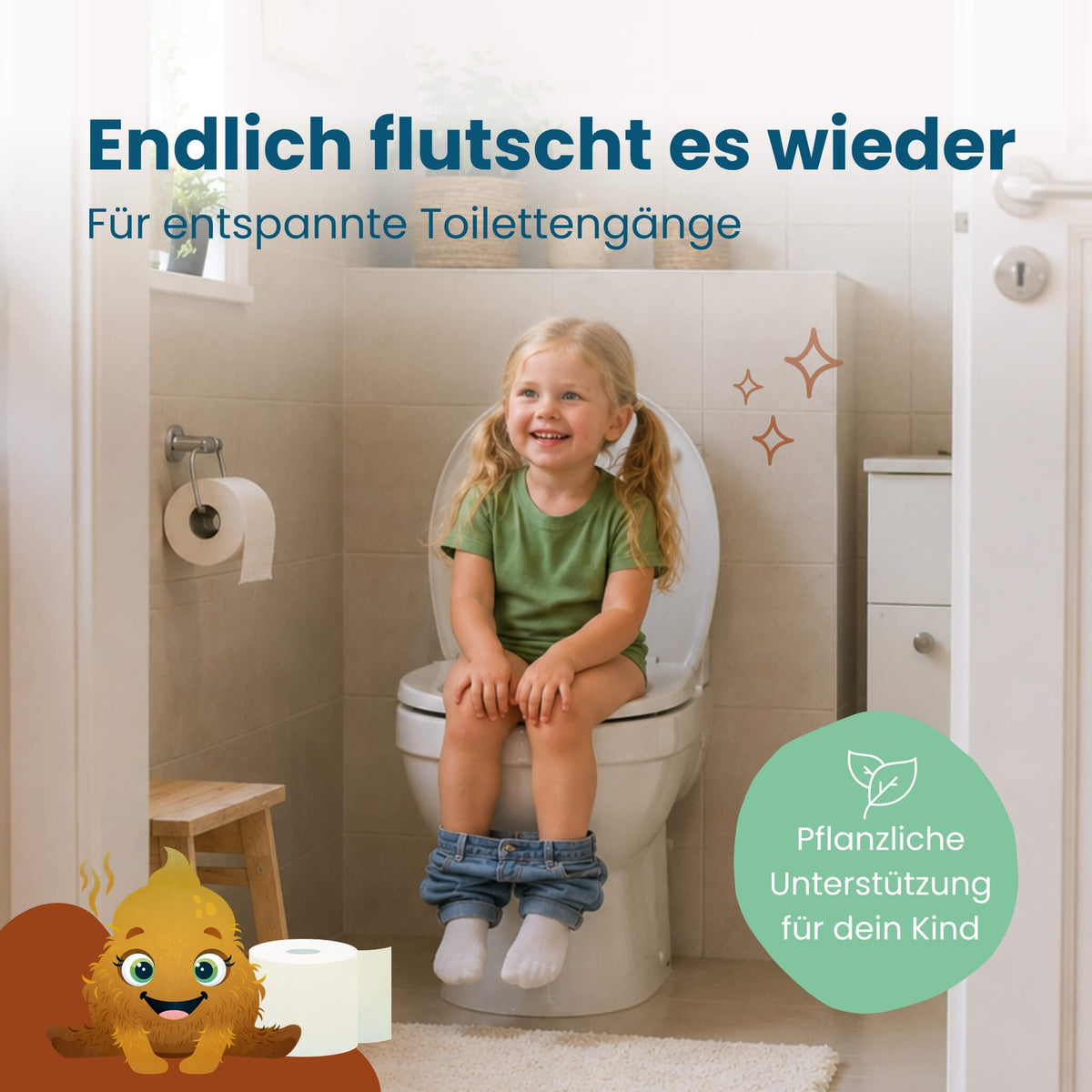 Kind sitzt entspannt und lächelnd auf der Toilette, Oh-La-Lax Nahrungsergänzungsmittel