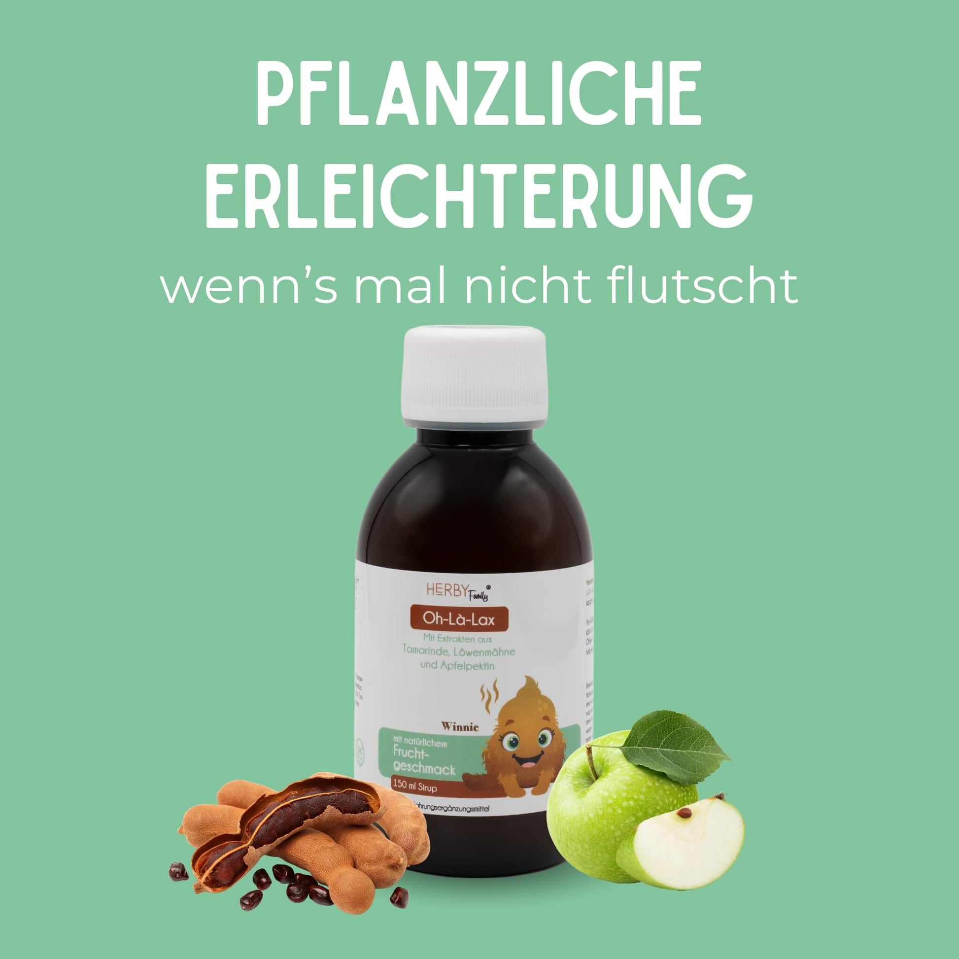 ohlalax-Sirup Flasche mit Tamarinde und halbem grünem Apfel mit Titel "Pflanzliche Erleichterung - wenn's mal nicht flutscht"