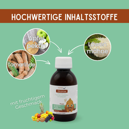 Flasche mit ohlalax_Sirup und Pfeilen, die die Inhaltsstoffe zeigen