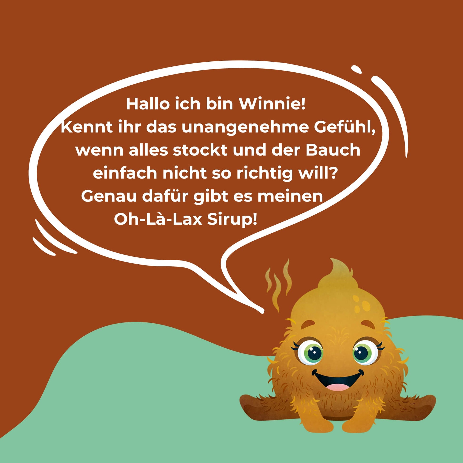 Das Monster Winnie stellt sich vor und erzähit in einer Sprechblase wofür der ohlalax-Sirup ist