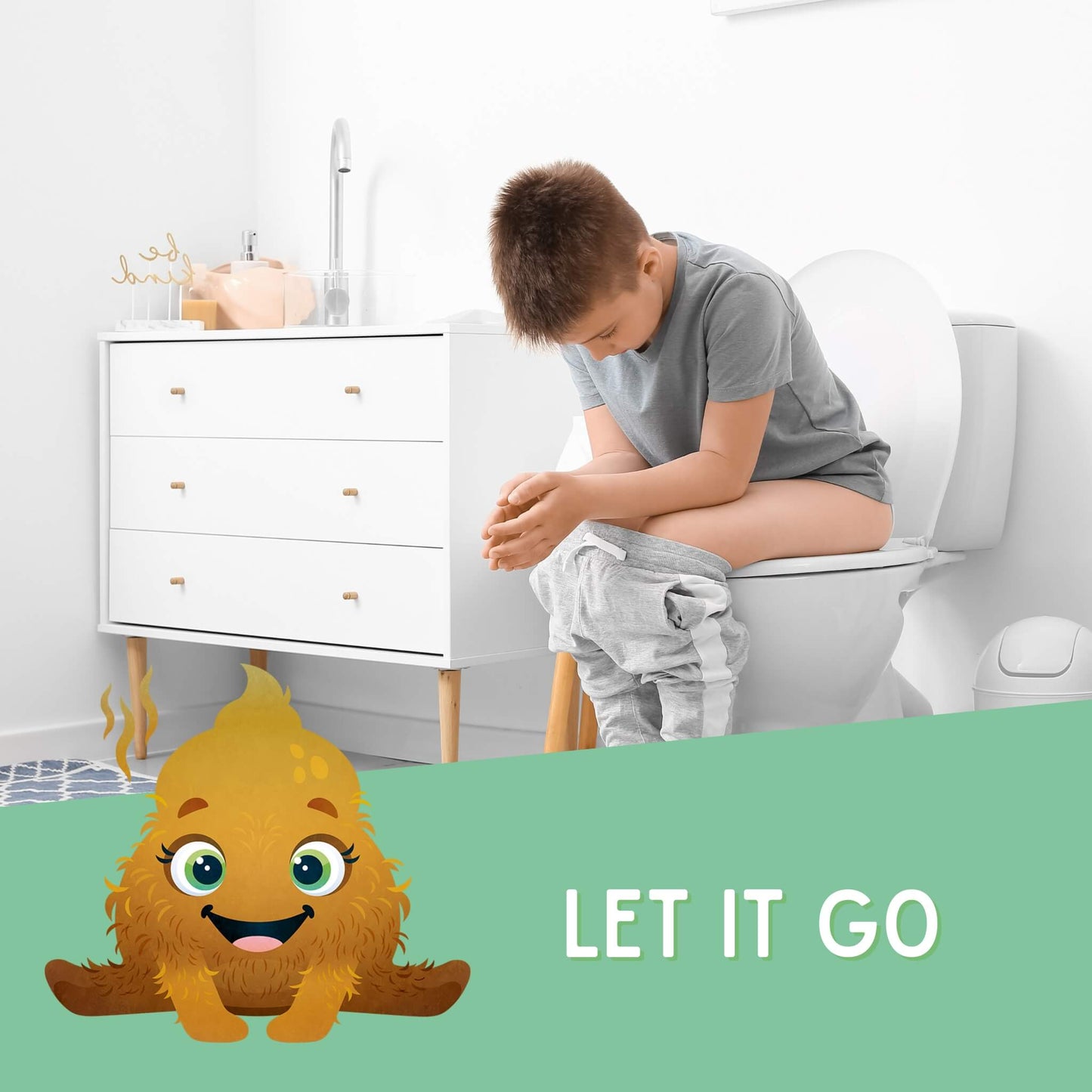 Junge sitzt auf der Toilette und schaut nach unten, im Vordergrund steht der Text "let it go" und das Monster Winnie sitzt neben dran