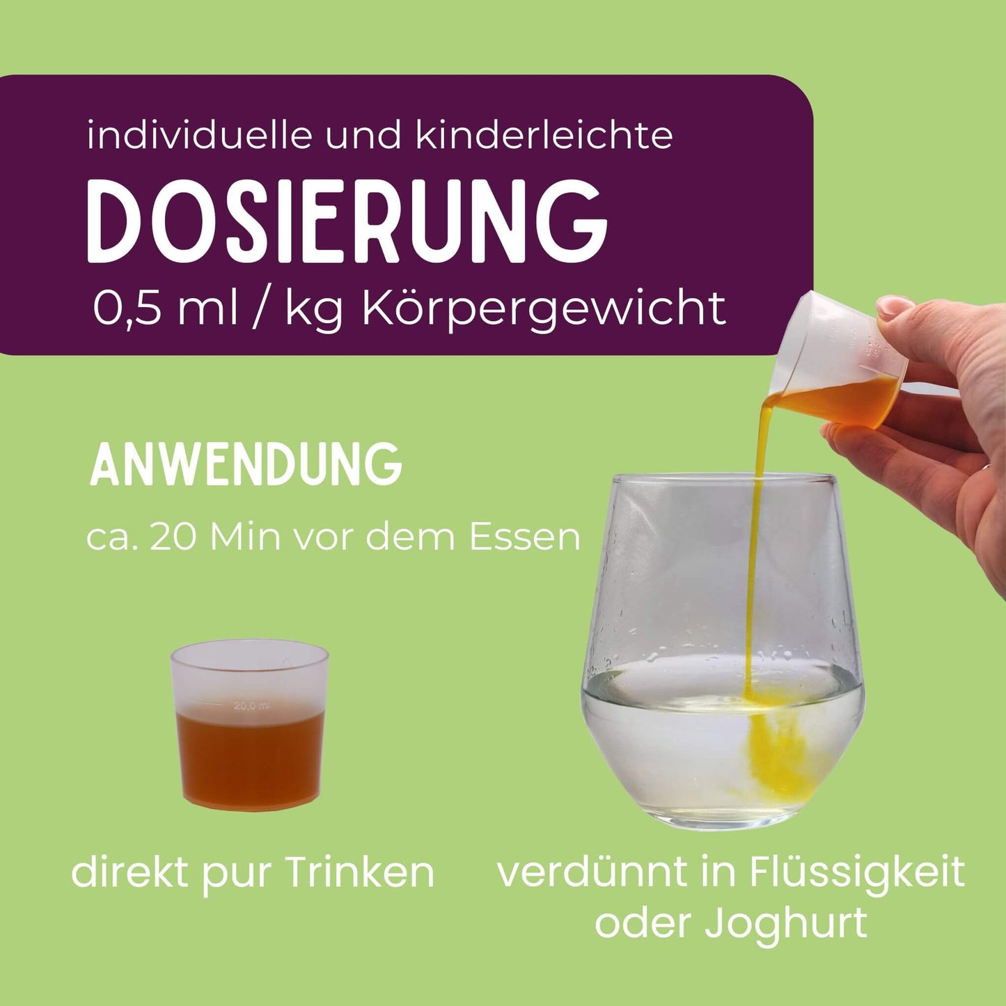 Anwendung und Dosierung des Picky Eater-Bundle mi Dosierbecher oder Flüssigkeit in Wasserglas schütten