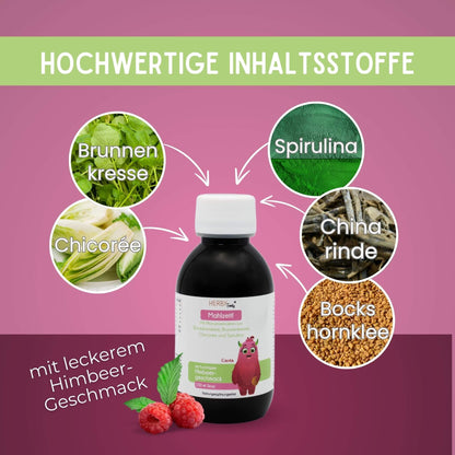 Flasche Mahlzeit mit Bildern der Inhaltsstoffe