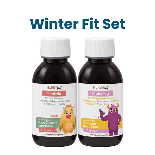 Winter Fit Set von HERBY Family, Mirakelix und Mister Big Kindersirup nebeneinander
